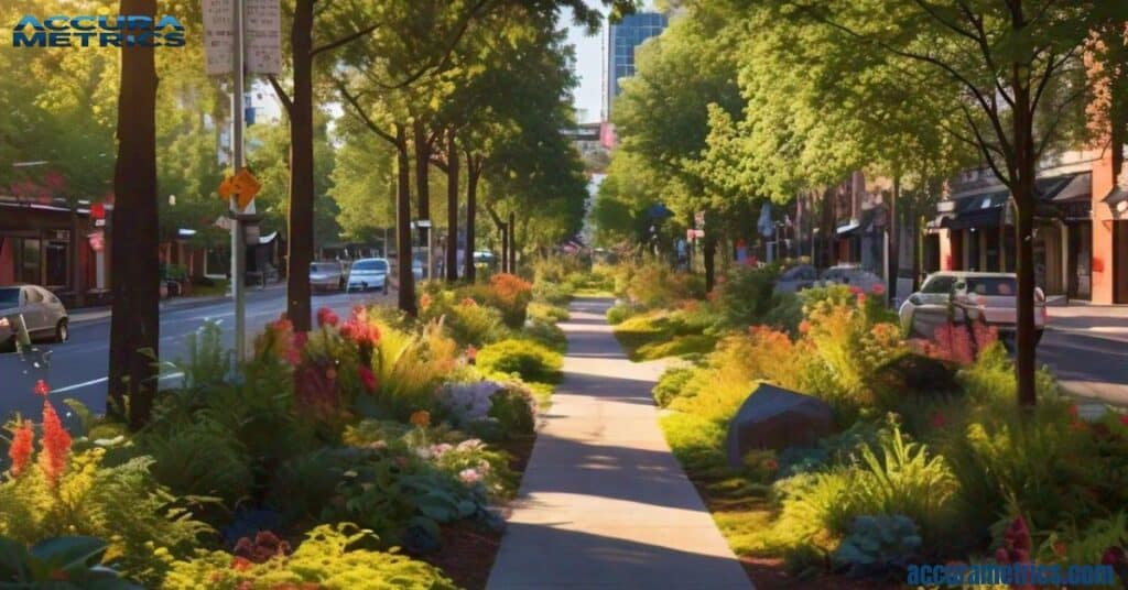 A green urban space like the Portland Green Loop, showing a 100-foot section with walkways, bike lanes, and green spaces.