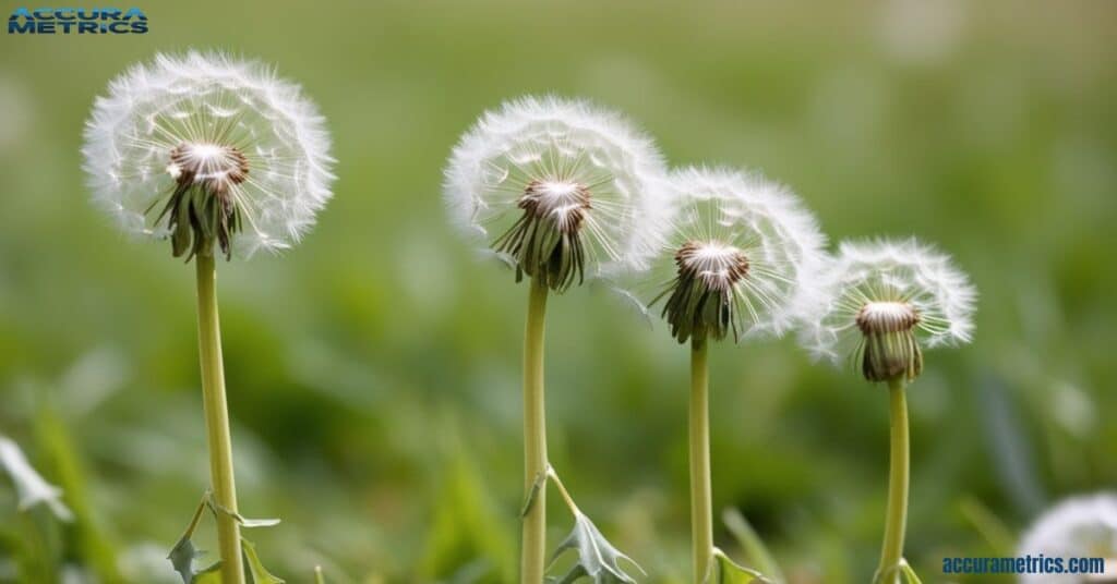 A close-up view of dandelion stems measuring about 4 inches tall, with green leaves and fluffy white seed heads, set against a blurred grassy field.