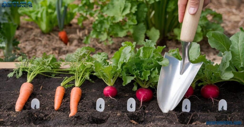 A garden bed with vegetable seeds (like carrots and radishes) spaced 4 inches.