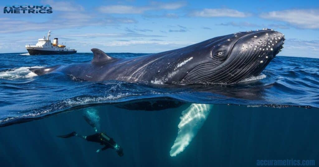 A giant blue whale swimming underwater next to a small diver