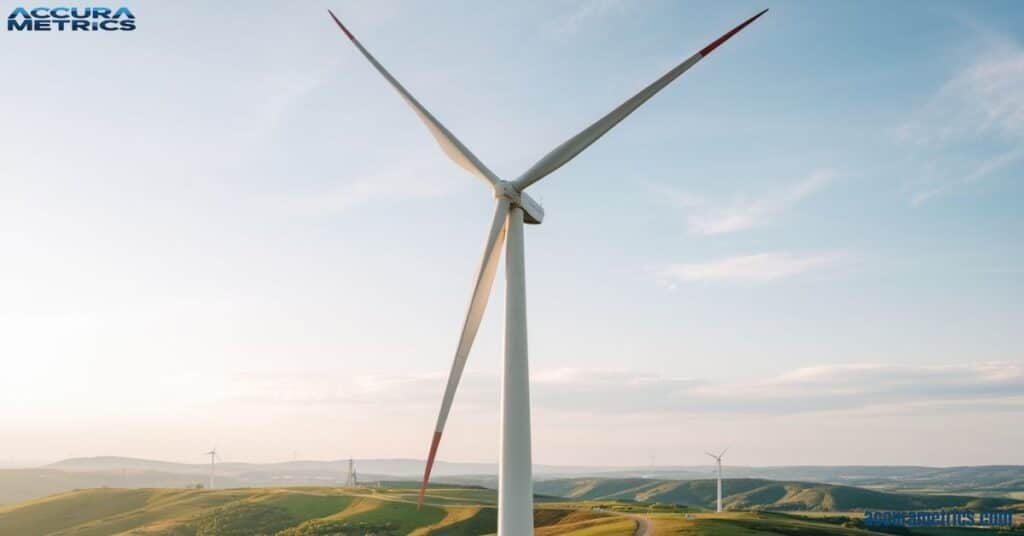 A large wind turbine with its blades extended, set against a blue sky over a countryside landscape.