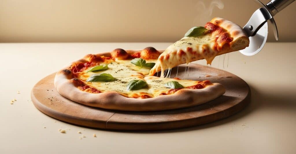 A pizza with an 8-inch slice being lifted with a pizza cutter.