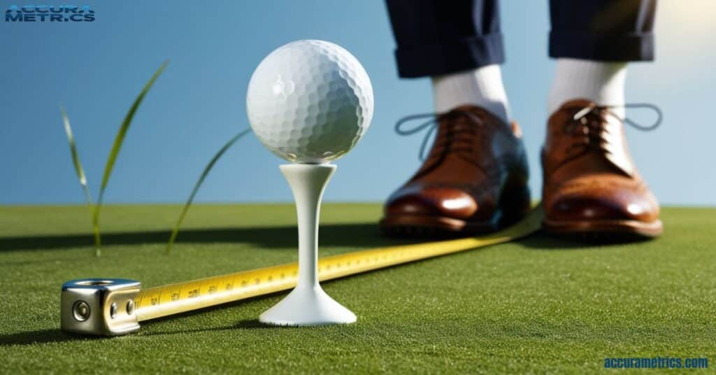 A regulation golf tee measuring 4 inches in length, standing on a golf course green with a ball resting on top.