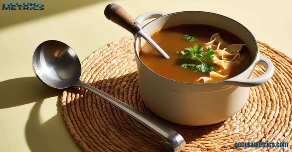 A soup ladle measuring 8 inches next to a pot of soup.