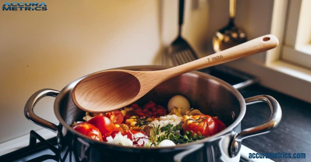 A 7-inch wooden spoon in a pot with cooking ingredients.