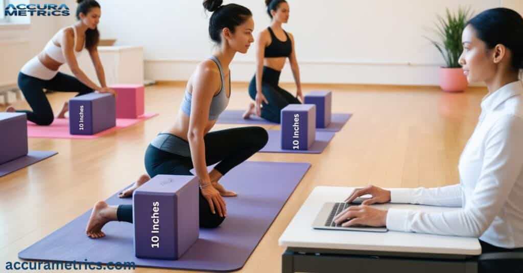 yoga studio with several standard yoga blocks, each about 9-10 inches tall