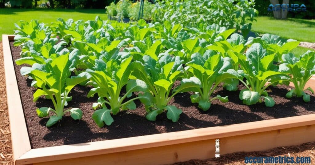 garden bed with vegetable plants spaced about 10 inches apart