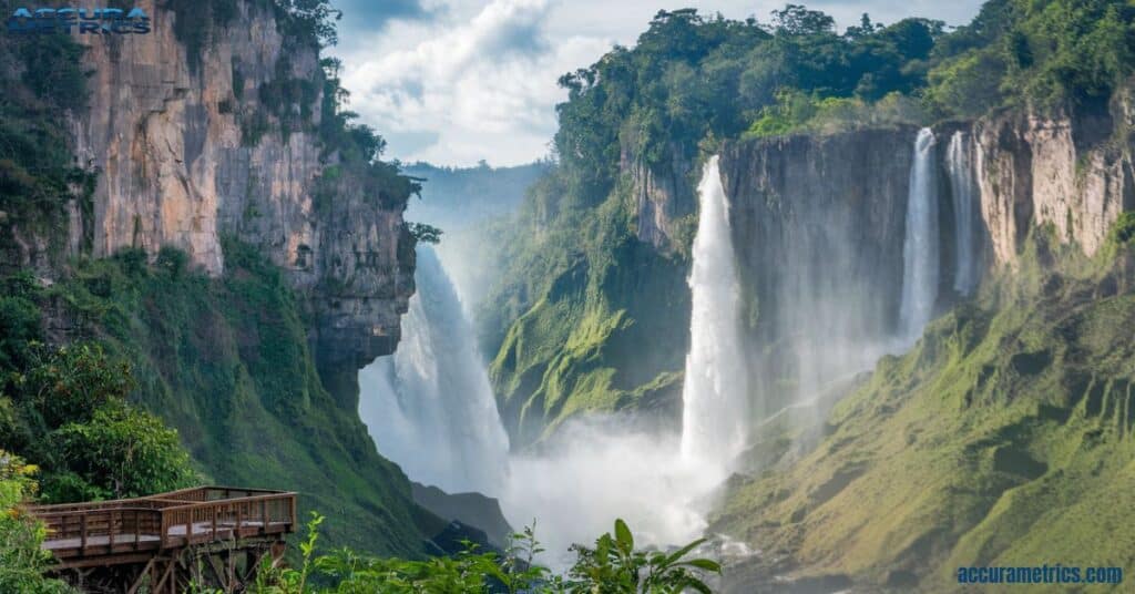 Angel Falls in Venezuela, the world’s highest uninterrupted waterfall, with water plunging into the jungle.