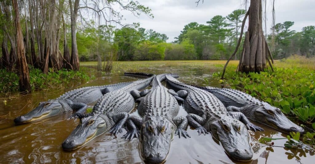 Five full grown alligators lined up in a swampy area, stretching 50 feet in length