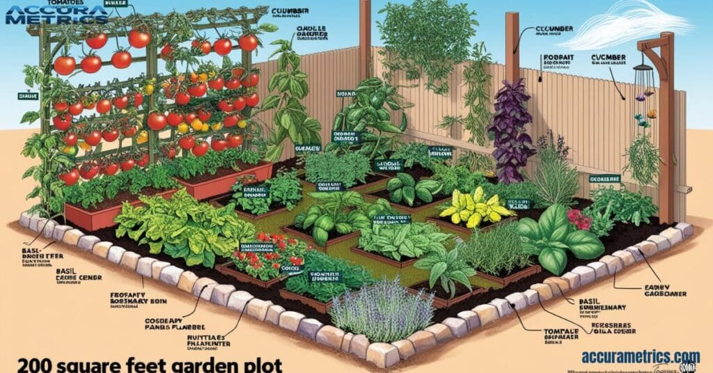 An illustration of a 200 square feet garden plot with various plants