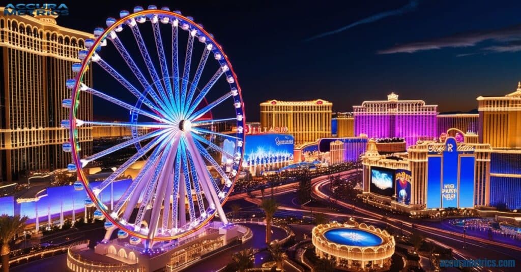 The illuminated High Roller observation wheel at night with the Las Vegas Strip in the background.