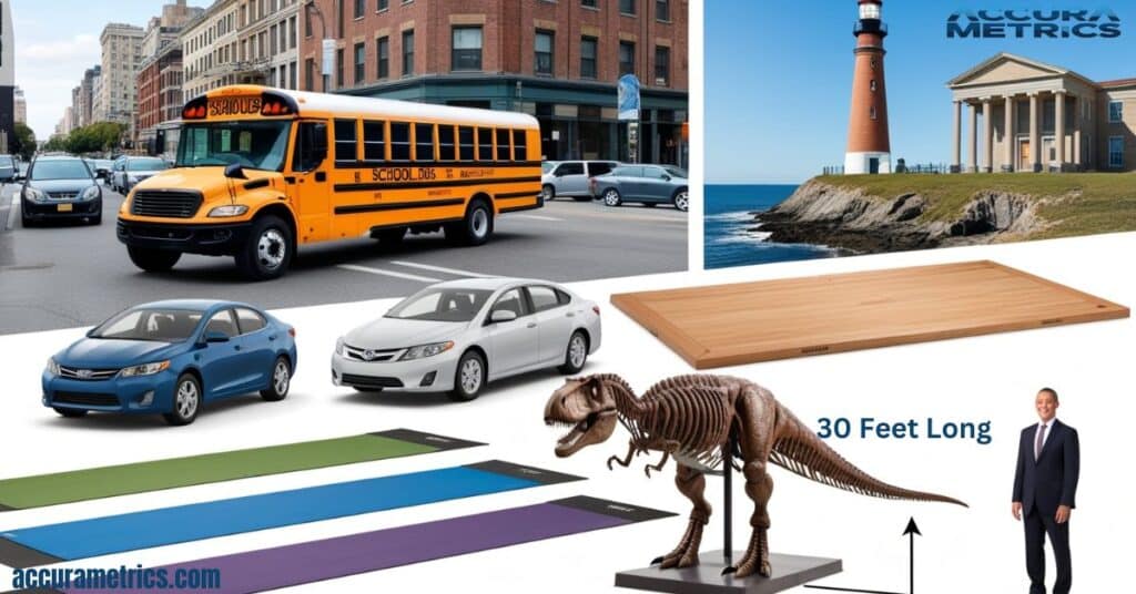 Illustration showing objects that are 30 feet long, including a school bus, lighthouse, T. Rex fossil, and two cars parked bumper-to-bumper for scale.