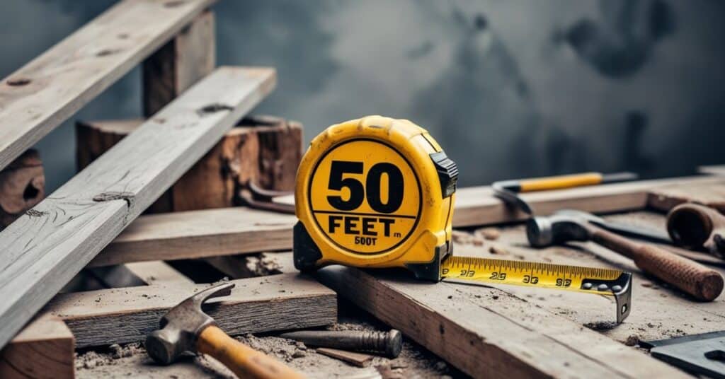 Industrial tape measure extended to 50 feet on a construction site