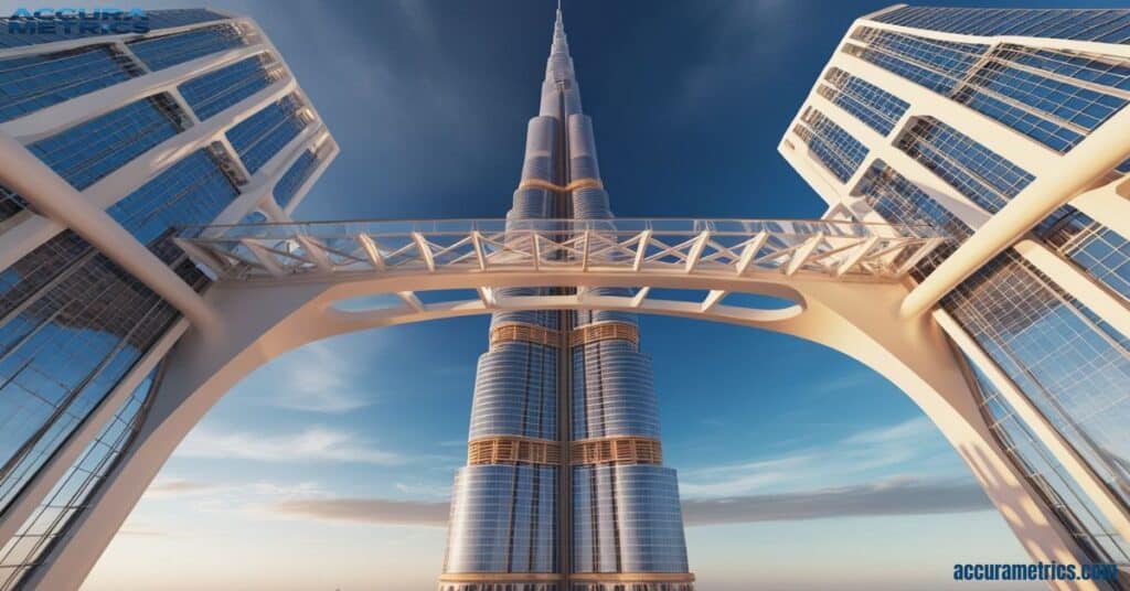 A digital rendering of Jeddah Tower under construction, highlighting the sky bridge at the 500-foot level.