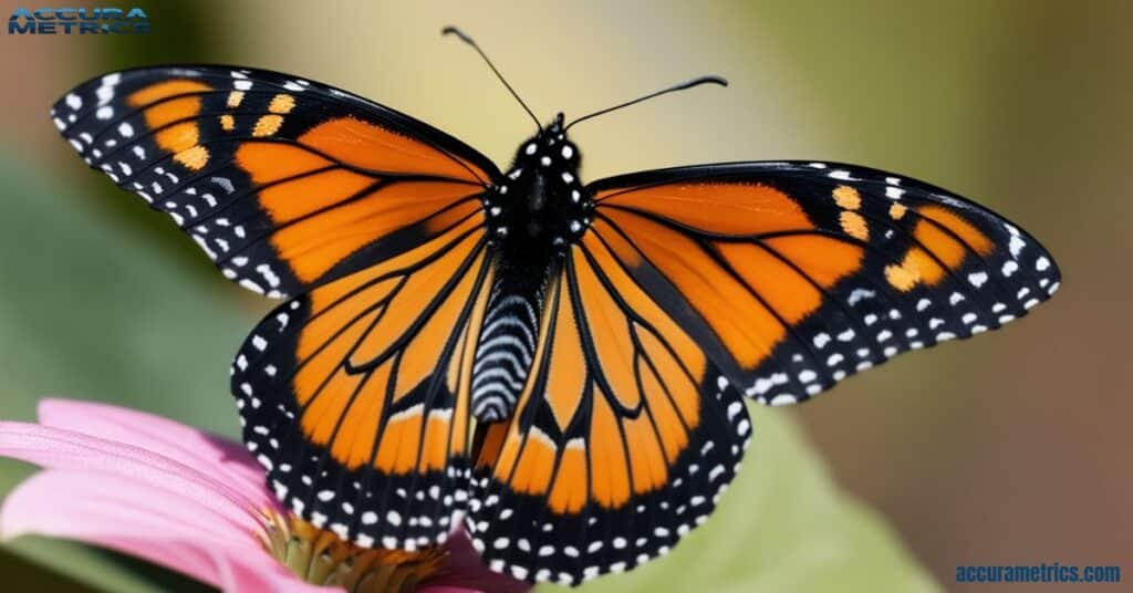 Monarch butterfly with a 4-inch wingspan resting on a flower.