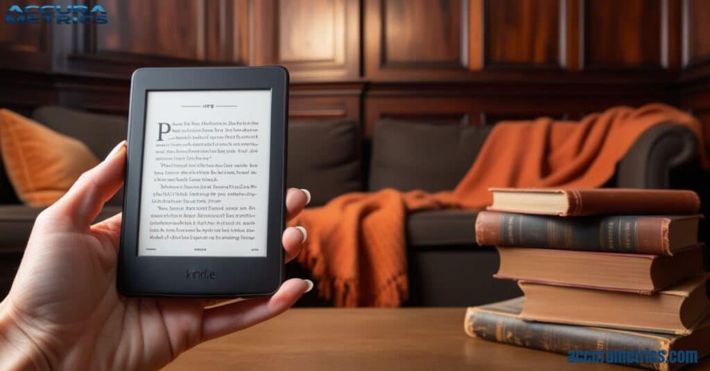 A Kindle Paperwhite being held in one hand, with an open page visible, set against a cozy reading nook background.