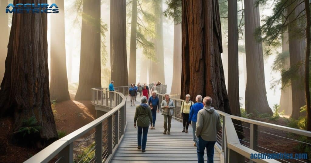 Redwood tree canopy walkway with visitors