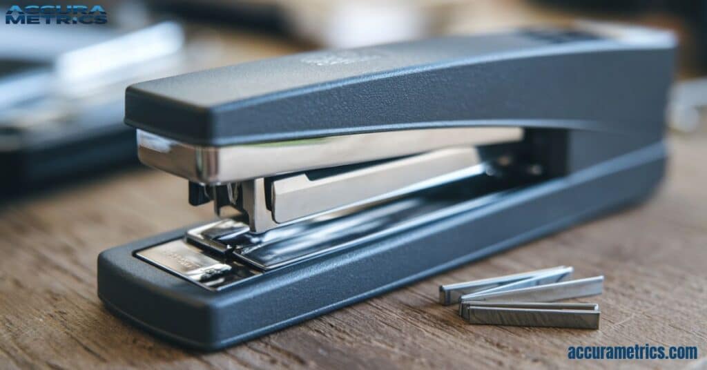 A close-up of a standard desktop stapler measuring around 8 inches long.