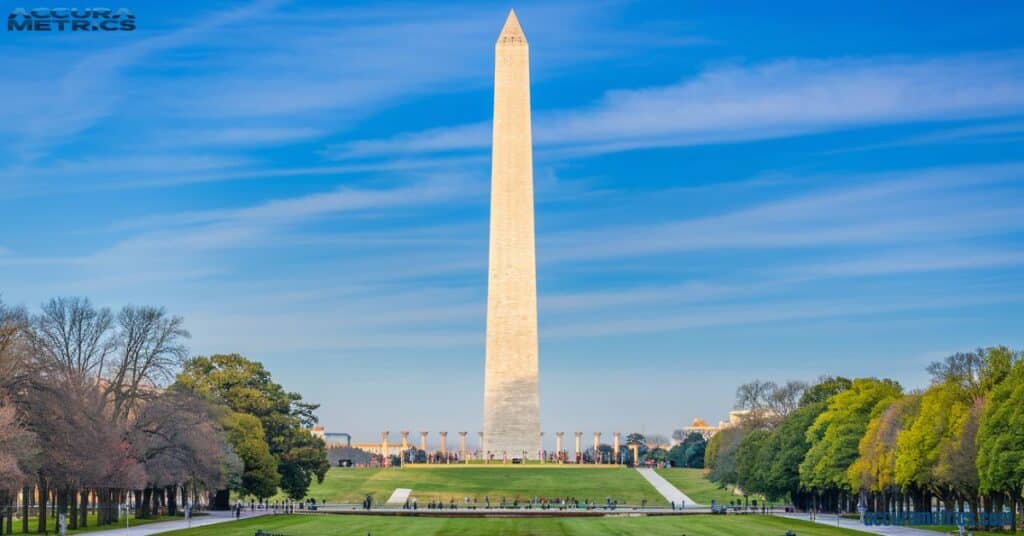 The Washington Monument standing tall against a blue sky, with the National Mall at its base.