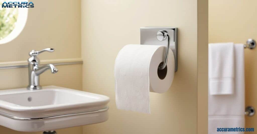 A standard toilet paper roll measuring 4 inches in width, showing its compatibility with typical holders.