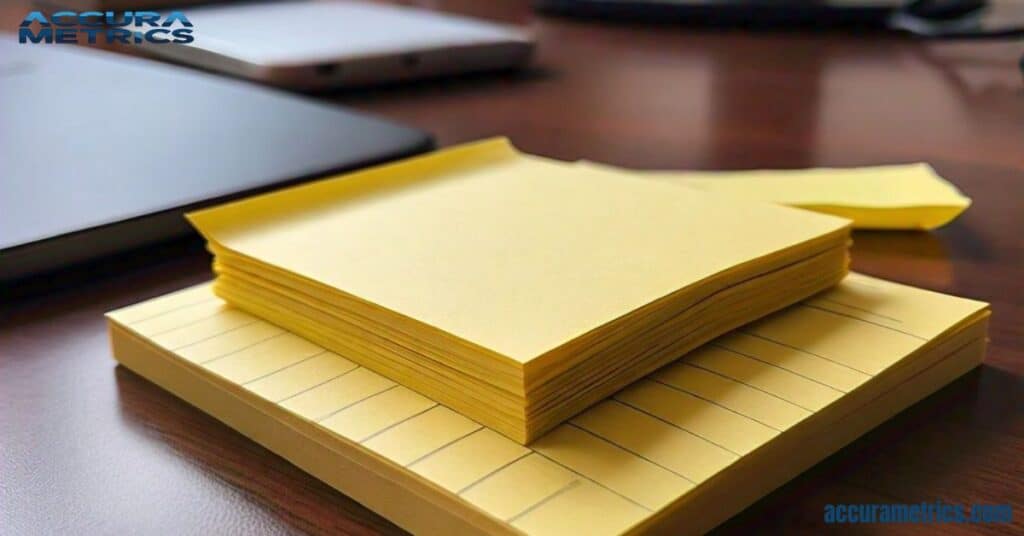 Yellow Post-it Notes, unfolded to reveal a 5 inch length.