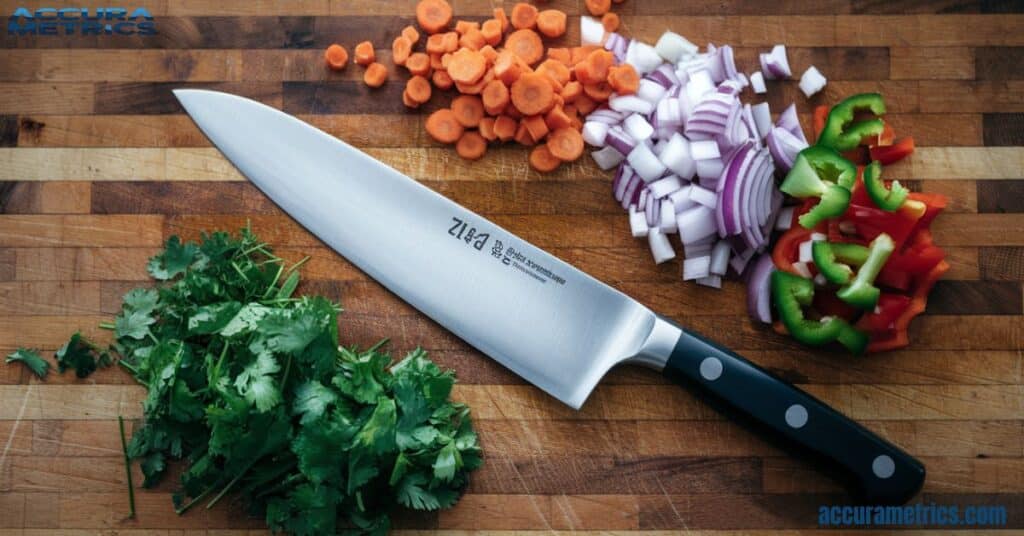 A 7-inch chef's knife on a cutting board with chopped vegetables.