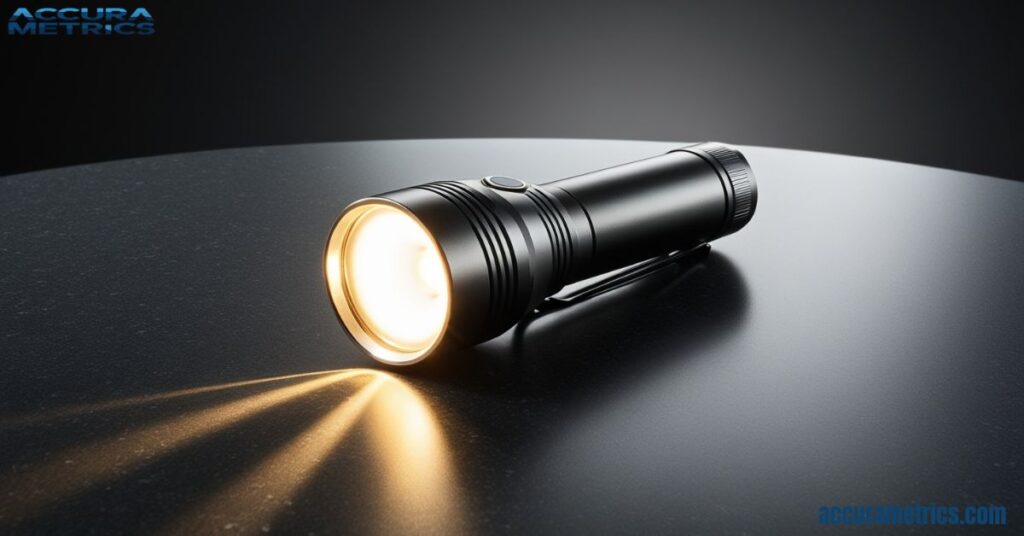 compact flashlight on a table in a dimly lit environment