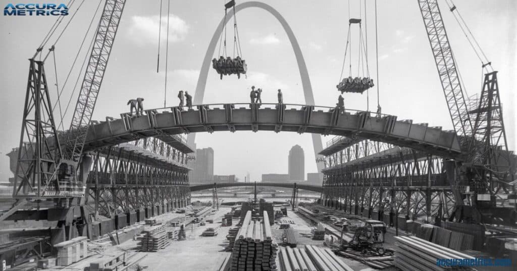 A historical photo of the St. Louis Gateway Arch under construction, with workers and cranes at the top.