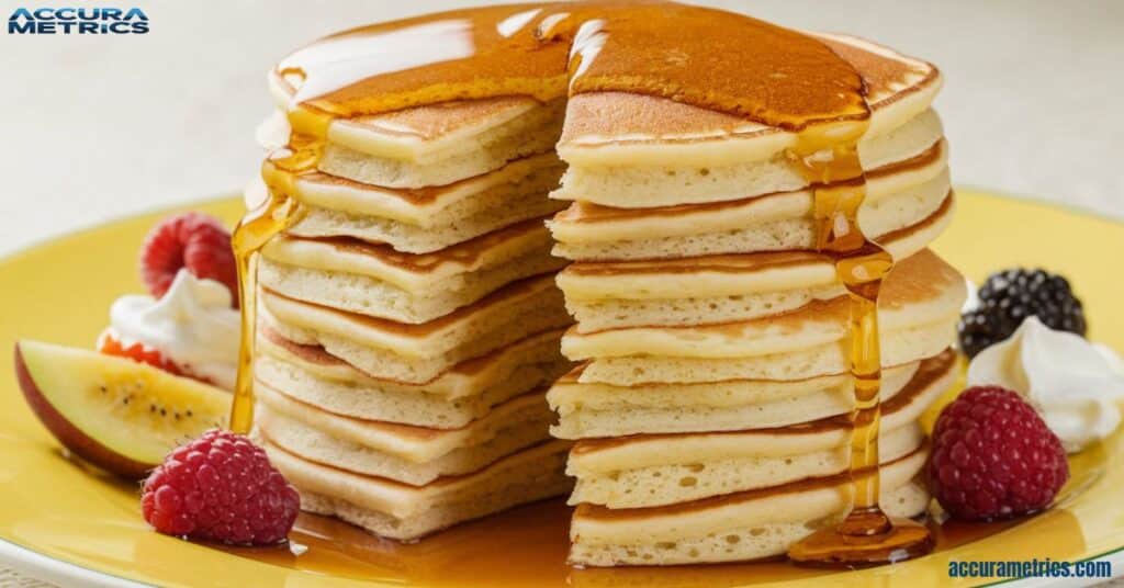 A delicious stack of fluffy pancakes, each about 4 inches in diameter.