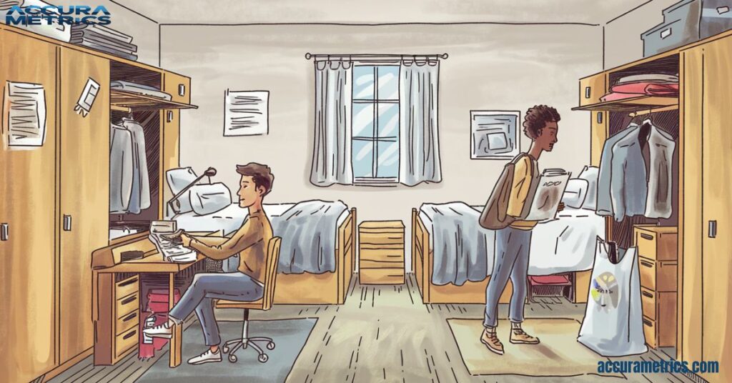 An illustration of a double occupancy dorm room showcasing how two beds, desks, and closets can fit in a 200 square feet space