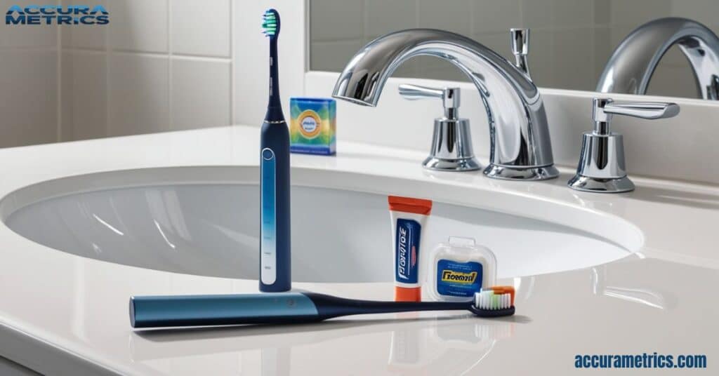 An electric toothbrush next to a bathroom sink with dental care products.