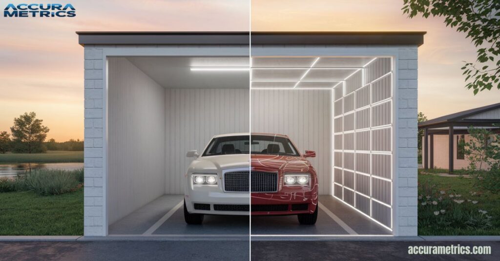 split image comparing a typical single car garage with a car inside to a visual representation of 200 square feet.