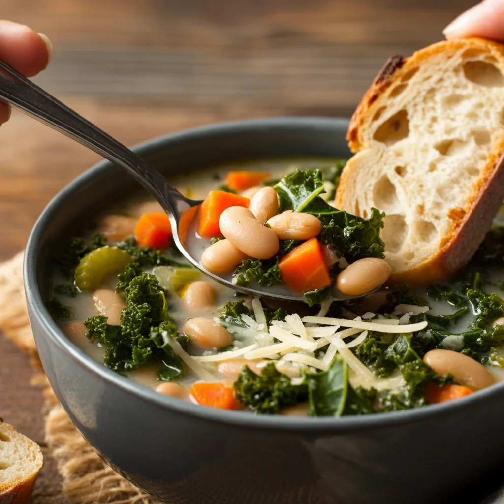 A rustic bowl of Weight Watchers Hearty Tuscan White Bean Soup filled with tender white beans, kale, diced carrots, and a creamy broth, topped with a sprinkle of parmesan cheese. A spoon is held above the bowl, showcasing a spoonful of soup, while a piece of crusty bread rests on the side, adding a cozy, homemade touch. The scene is set on a wooden table, creating a warm and inviting atmosphere.