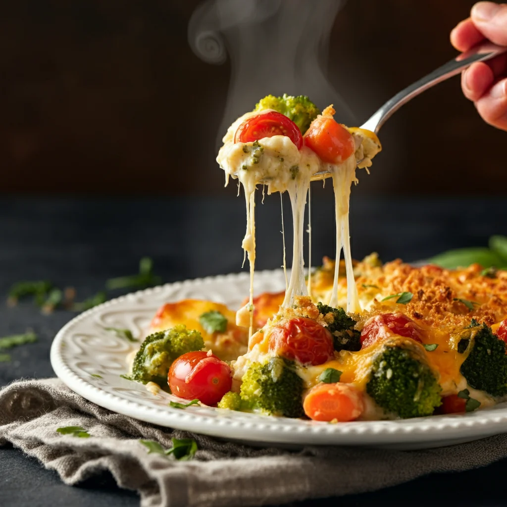 WW Low-Calorie Vegetable Casserole. Overhead view of a glass baking dish filled with fresh, vibrant vegetables, including broccoli florets, cauliflower, sliced baby carrots, diced red, yellow, and green bell peppers, and halved cherry tomatoes, arranged for a Weight Watchers Low-Calorie Vegetable Casserole. Small clear bowls of shredded cheddar cheese, panko breadcrumbs, minced garlic, and diced onions are placed around the dish on a rustic wooden countertop, capturing a home-cooked, meal-prep atmosphere with natural lighting.