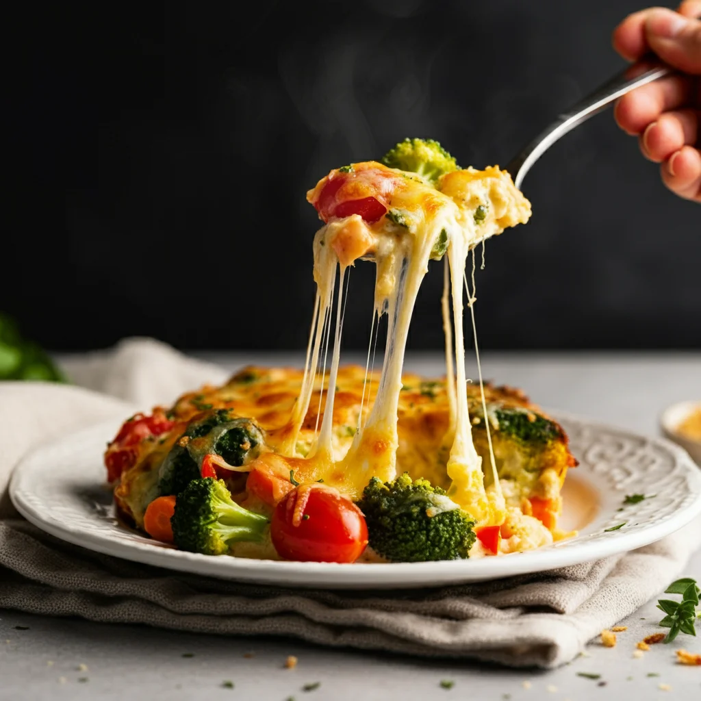 Overhead view of a glass baking dish filled with fresh, vibrant vegetables, including broccoli florets, cauliflower, sliced baby carrots, diced red, yellow, and green bell peppers, and halved cherry tomatoes, arranged for a Weight Watchers Low-Calorie Vegetable Casserole. Small clear bowls of shredded cheddar cheese, panko breadcrumbs, minced garlic, and diced onions are placed around the dish on a rustic wooden countertop, capturing a home-cooked, meal-prep atmosphere with natural lighting.