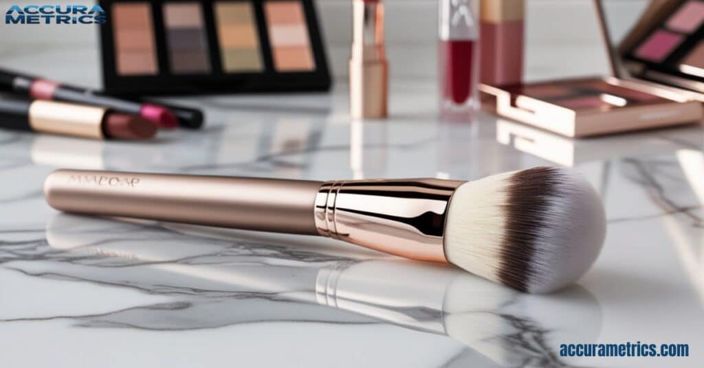 Close-up of a 7-inch long makeup brush on a marble vanity, highlighting its soft bristles and elegant handle, with makeup products in the background