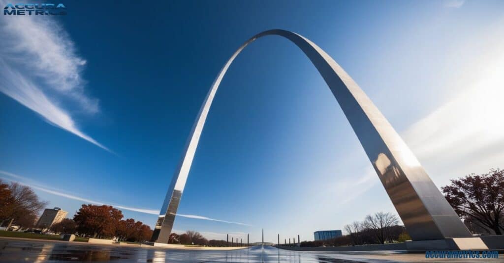 The towering St. Louis Gateway Arch, photographed from below to highlight its sweeping metal curve.