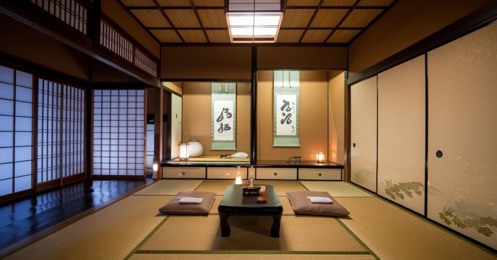 A traditional Japanese room showcasing tatami mats with a serene ambiance.