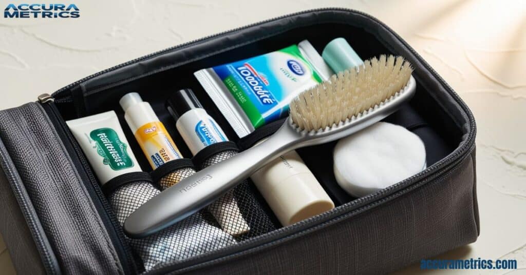 travel sized hairbrush inside a travel bag with personal care items.