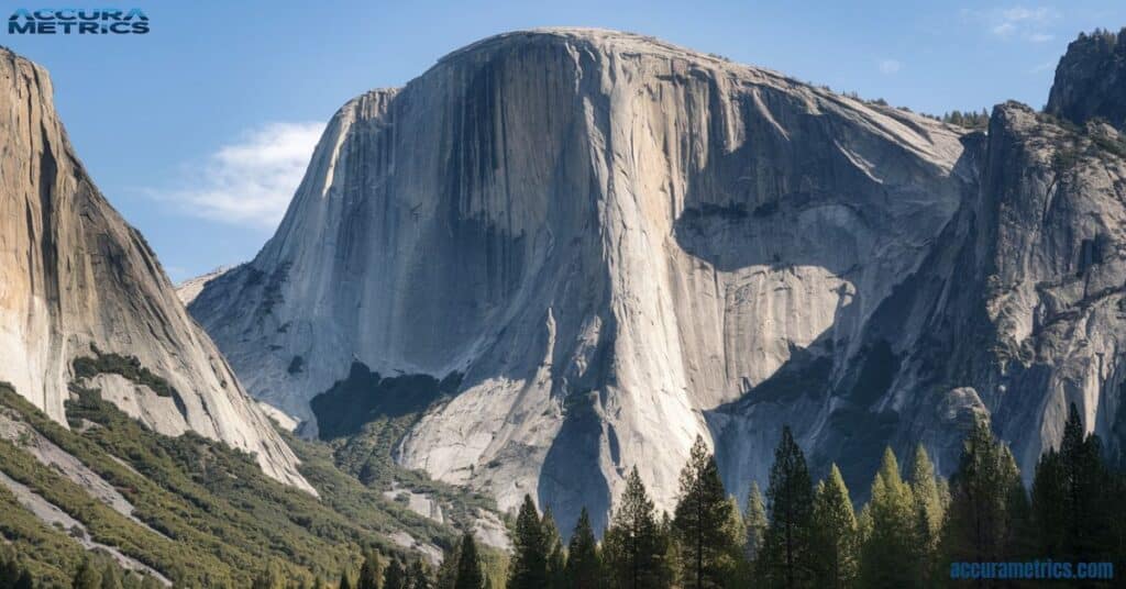 The towering 500-foot vertical rock face of El Capitan in Yosemite National Park, standing tall against a backdrop of clear blue skies and a lush green valley.