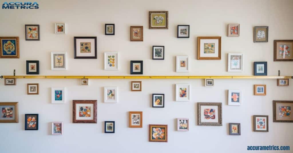 Multiple picture frames of varying sizes evenly spaced apart, with a measuring tape showing a 4-inch gap between each frame