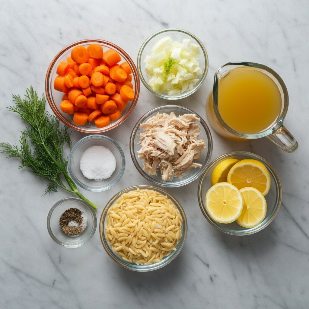 WW Chicken Orzo Soup Recipe Overhead view of WW Chicken Orzo Soup ingredients in glass bowls on a marble surface—diced carrots, fennel, orzo, chicken, lemon, dill, and broth.