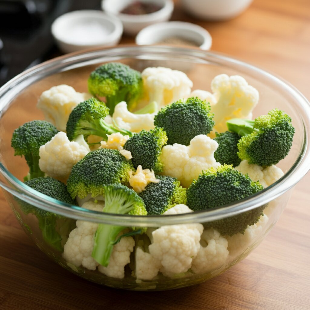 Crispy Parmesan Roasted Cauliflower and Broccoli
Broccoli and cauliflower florets with olive oil, garlic, and parmesan in a glass bowl, placed on a wooden countertop with small bowls of seasoning nearby.