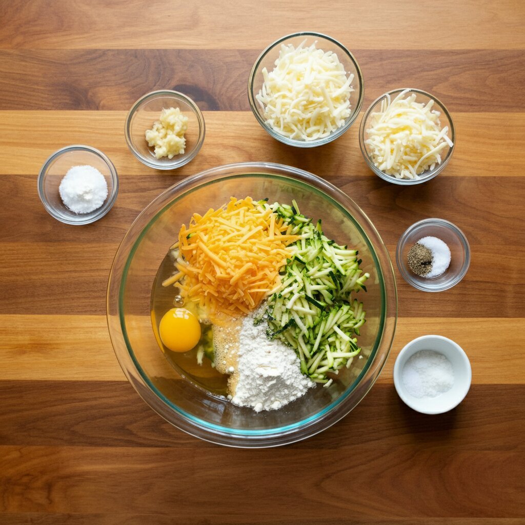 WW Cheesy Zucchini Breadsticks (3 Points) Top view of grated zucchini and other ingredients in bowls on a wooden counter, ready for mixing.