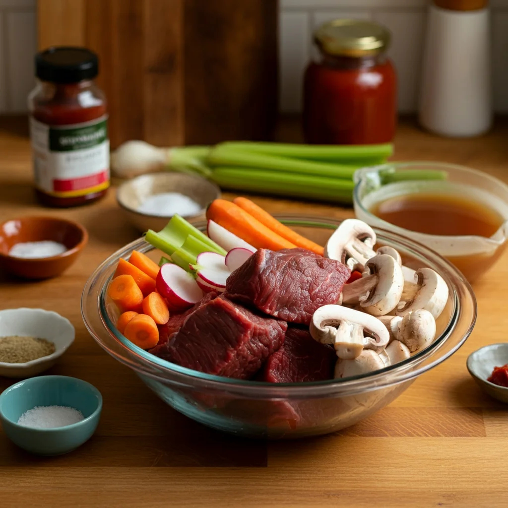 Keto Beef Stew Glass bowl filled with raw beef chunks, radishes, carrots, celery, and mushrooms, surrounded by small bowls of spices, tomato paste, and beef broth on a wooden counter.