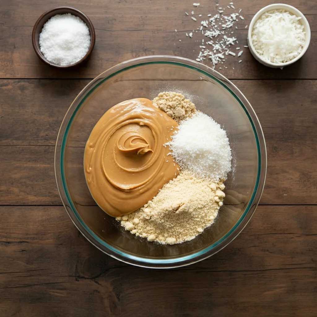 Peanut Butter Balls (Low Carb) Ingredients for peanut butter balls in a glass bowl with small bowls of shredded coconut nearby.