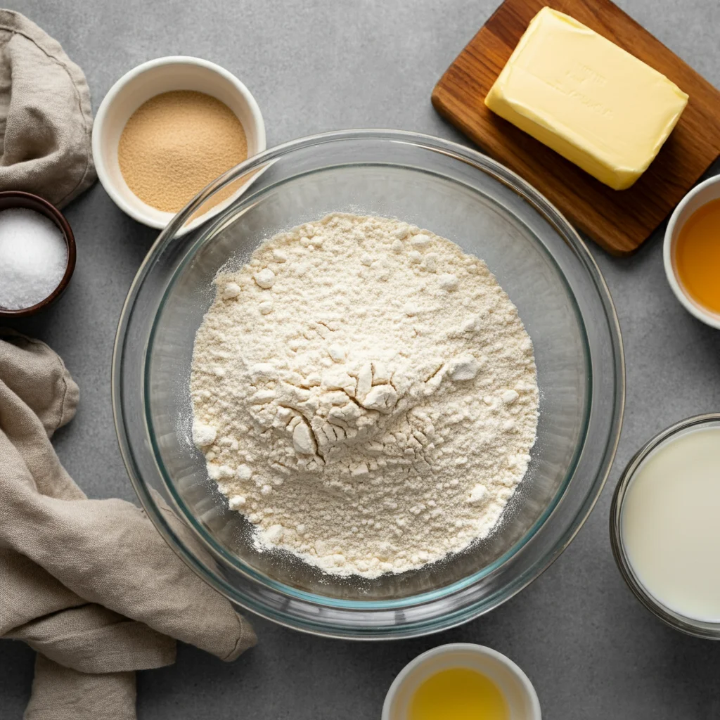 Keto Sweetened Condensed Milk Bread Ingredients for Keto Sweetened Condensed Milk Bread in a glass bowl with flour, yeast, salt, and sweetened condensed milk.