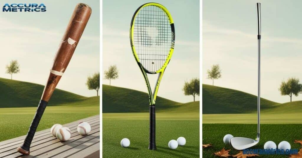 Image featuring a baseball bat, tennis racquet, and golf club shaft, highlighting sports items approximately 18 inches long.