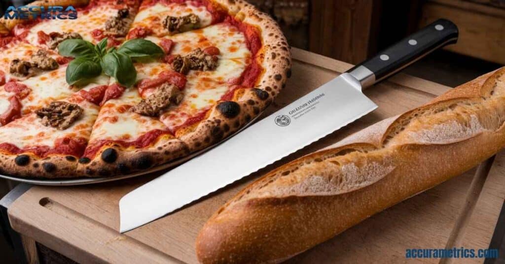 Collage of a large pizza, baguette, and chef's knife, illustrating kitchen items around 18 inches long.