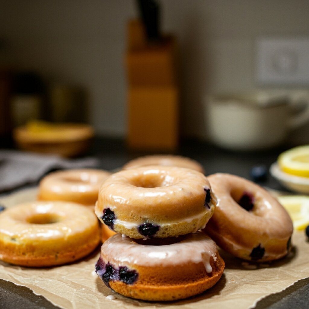 Lemon Blueberry Donuts – 1 WW SmartPoint Recipe Side view of glazed lemon blueberry donuts, showing the shiny glaze and fresh blueberries.